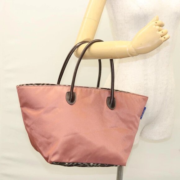 BURBERRY Nova Check Blue Label Hand Bag Nylon Pink Silver Auth - Picture 1 of 16